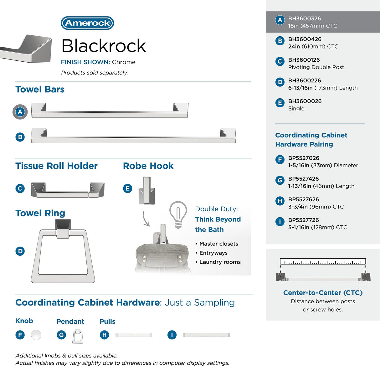 Amerock BH3600326 Chrome Towel Bar 18 in (457 mm) Towel Rack Blackrock Bathroom Towel Holder Bathroom Hardware Bath Accessories Hand Towel Holder