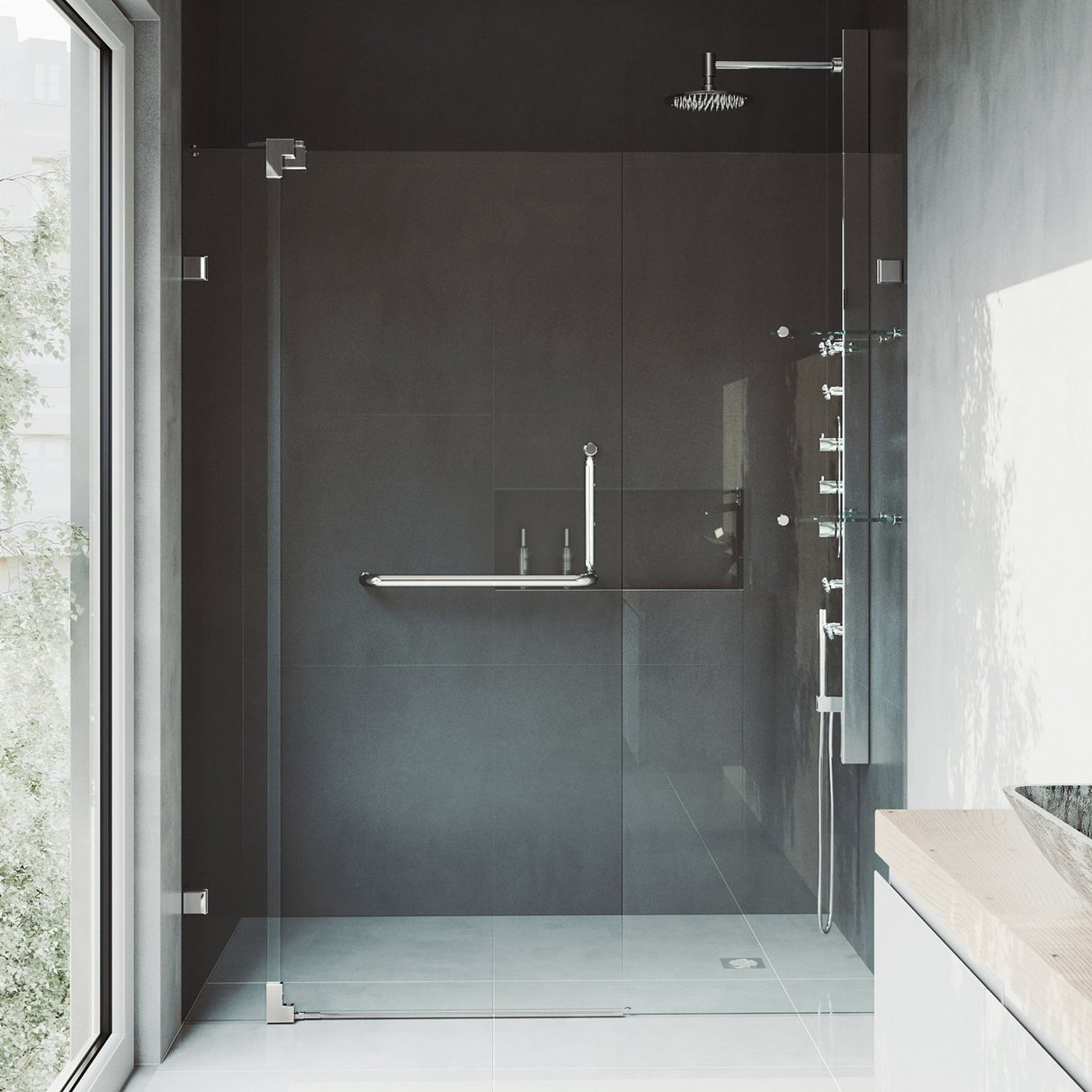 VIGO Adjustable 54 - 60 in. W x 72 in. H Frameless Pivot Rectangle Shower Door with Clear Tempered Glass and St. Steel Hardware in Brushed Nickel Finish with Reversible Handle - VG6042BNCL60
