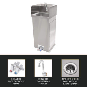 John Boos PBHS-F-1410-SSLR Hands-Free Pedestal Hand Washing Sink 14" W x 10" Front to Back 5" Deep Bowl, with Side Splashes, 1 Centered Splash Mount Faucet Hole, Goose Neck Spout and Foot Valves