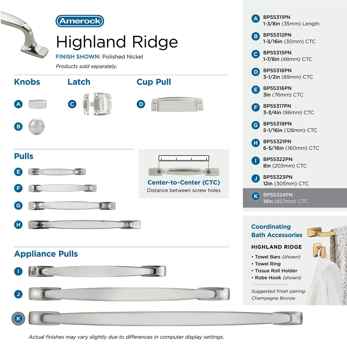 Amerock Appliance Pull Polished Nickel 18 inch (457 mm) Center to Center Highland Ridge 1 Pack Drawer Pull Drawer Handle Cabinet Hardware