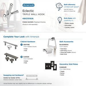 Amerock HBX3701626 Kodiak Triple Prong Decorative Wall Hook Polished Chrome Hook for Coats, Hats, Backpacks, Bags Hooks for Bathroom, Bedroom, Closet, Entryway, Laundry Room, Office