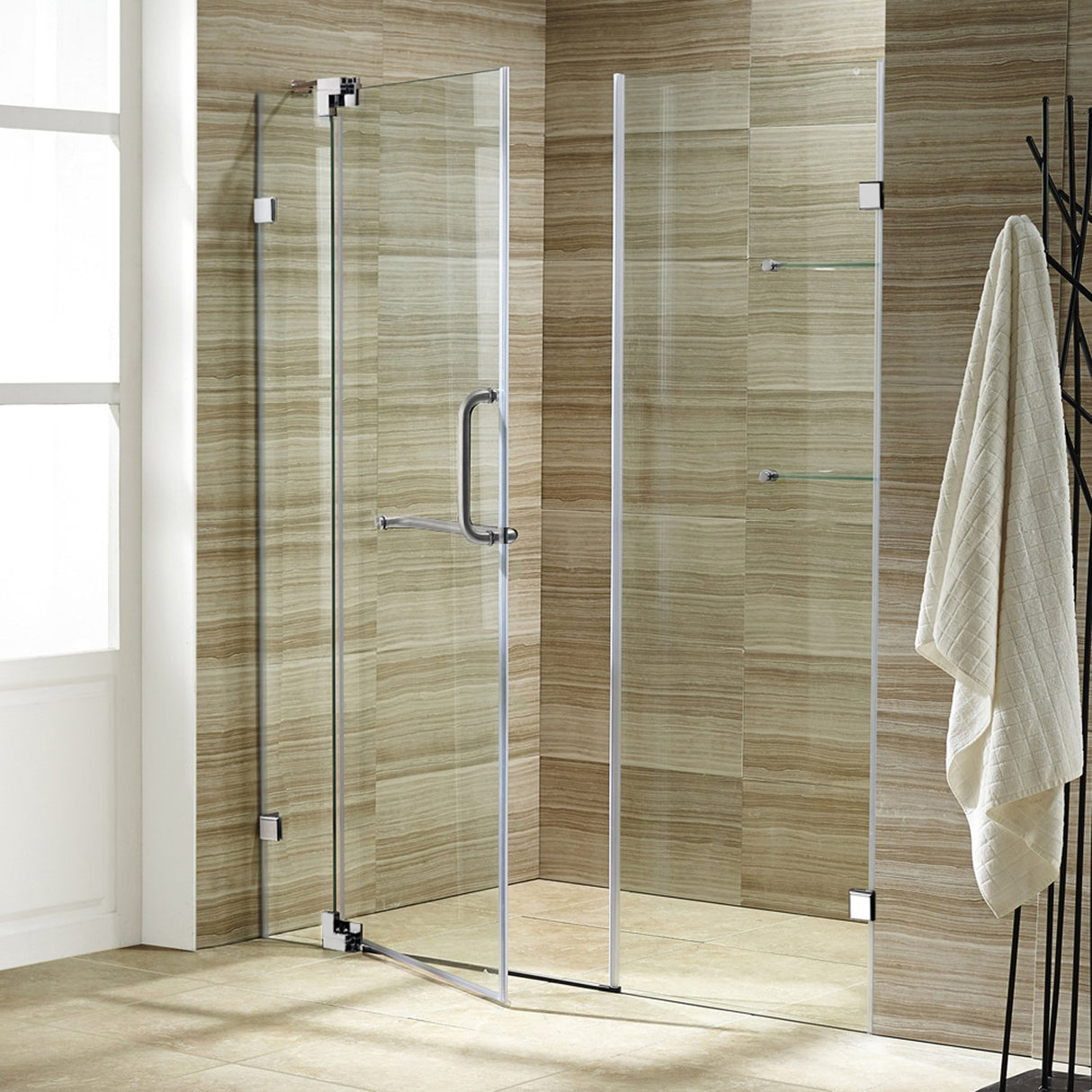 VIGO Adjustable 54 - 60 in. W x 72 in. H Frameless Pivot Rectangle Shower Door with Clear Tempered Glass and St. Steel Hardware in Brushed Nickel Finish with Reversible Handle - VG6042BNCL60