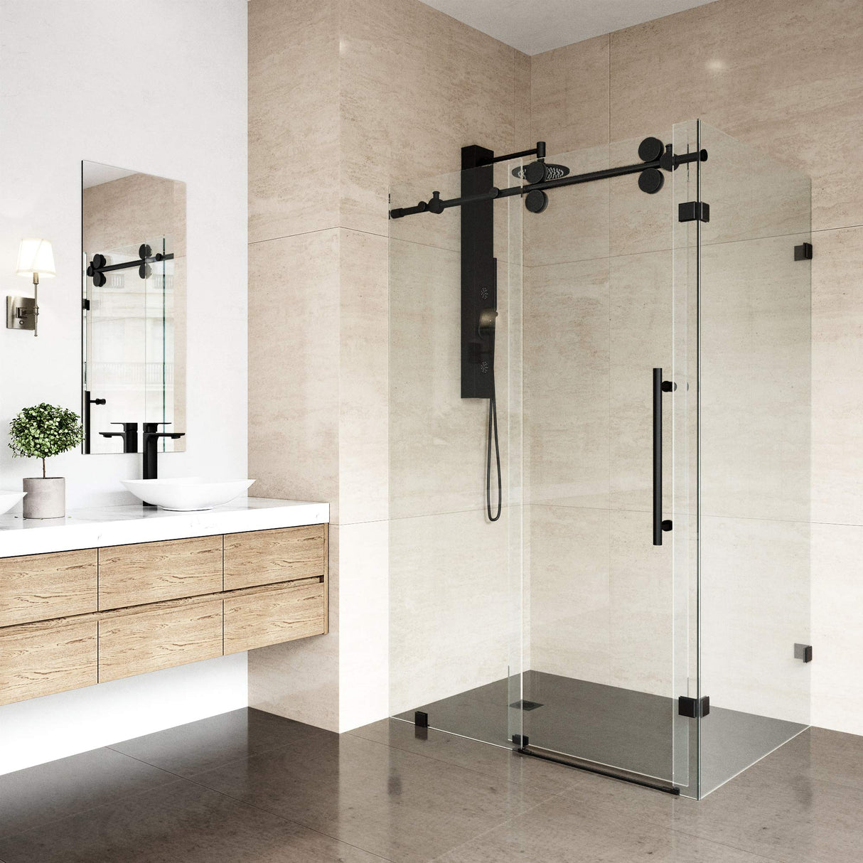VIGO VG6051MBCL48 34.63" -34.63" W -73.75" H Frameless Sliding Rectangle Shower Enclosure with Clear 0.38" Tempered Glass and Stainless Steel Hardware in Matte Black Finish with Reversible Handle
