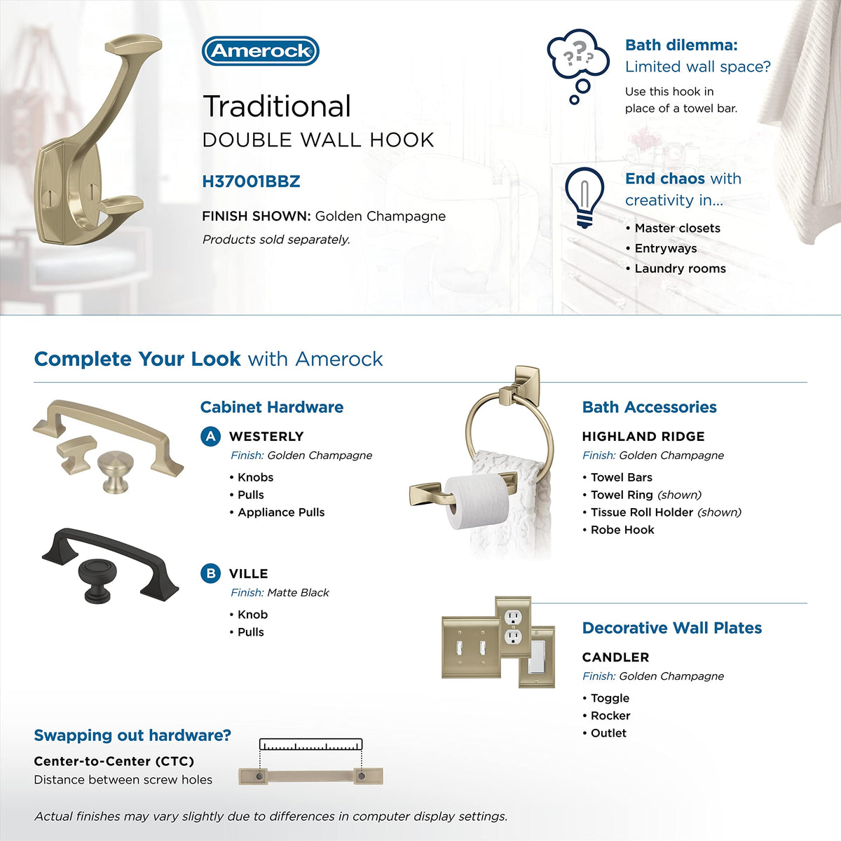 Amerock H37001BBZ Vicinity Double Prong Decorative Wall Hook Golden Champagne Hook for Coats, Hats, Backpacks, Bags Hooks for Bathroom, Bedroom, Closet, Entryway, Laundry Room, Office