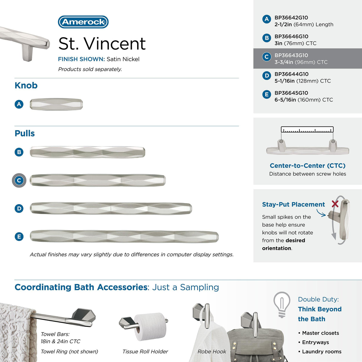 Amerock Cabinet Pull Satin Nickel 3-3/4 inch (96 mm) Center to Center St. Vincent 1 Pack Drawer Pull Drawer Handle Cabinet Hardware