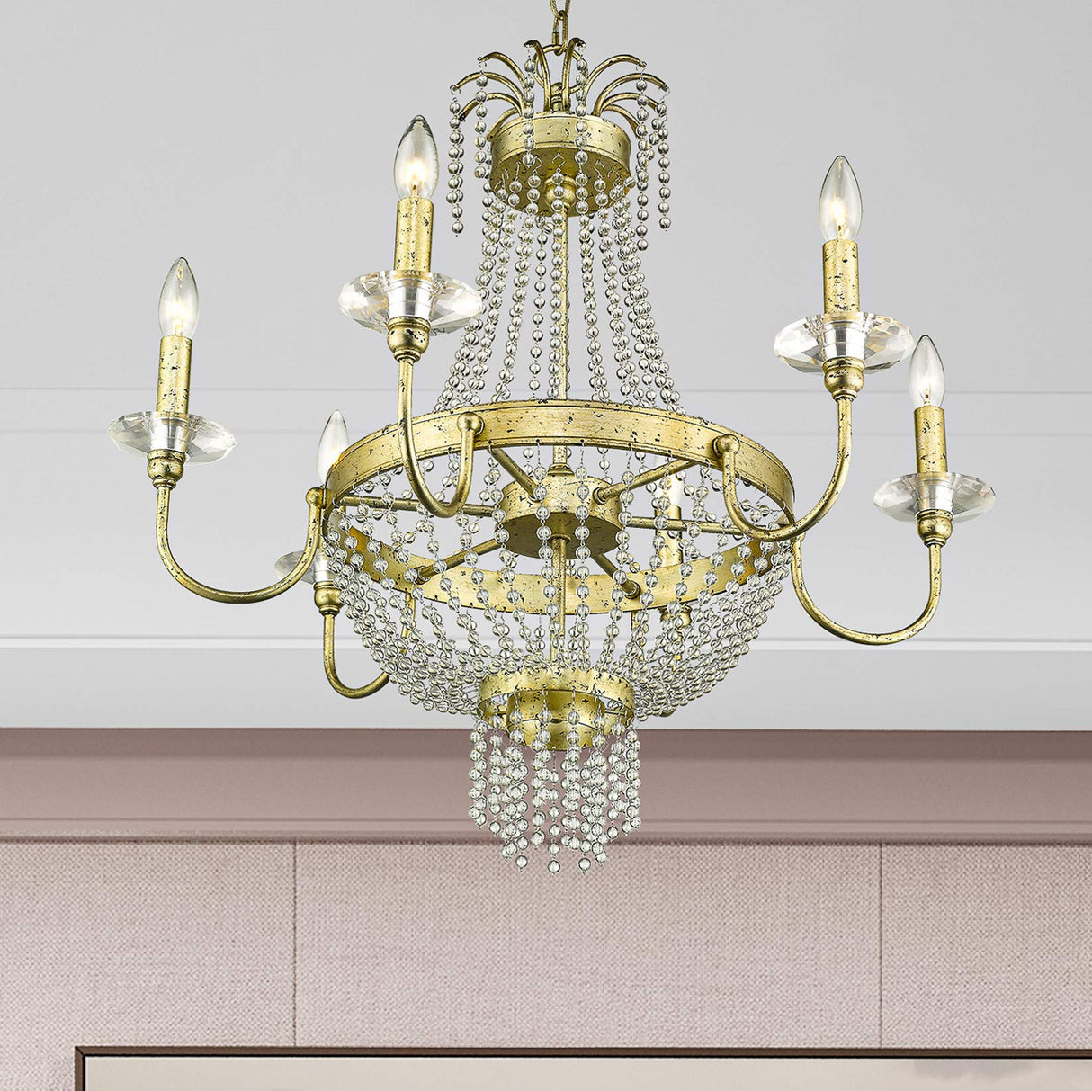 Livex Lighting 51846-28 Crystal Six Light Chandelier from Valentina Collection, Champ, Gld Leaf Finish, Hand Applied Winter Gold