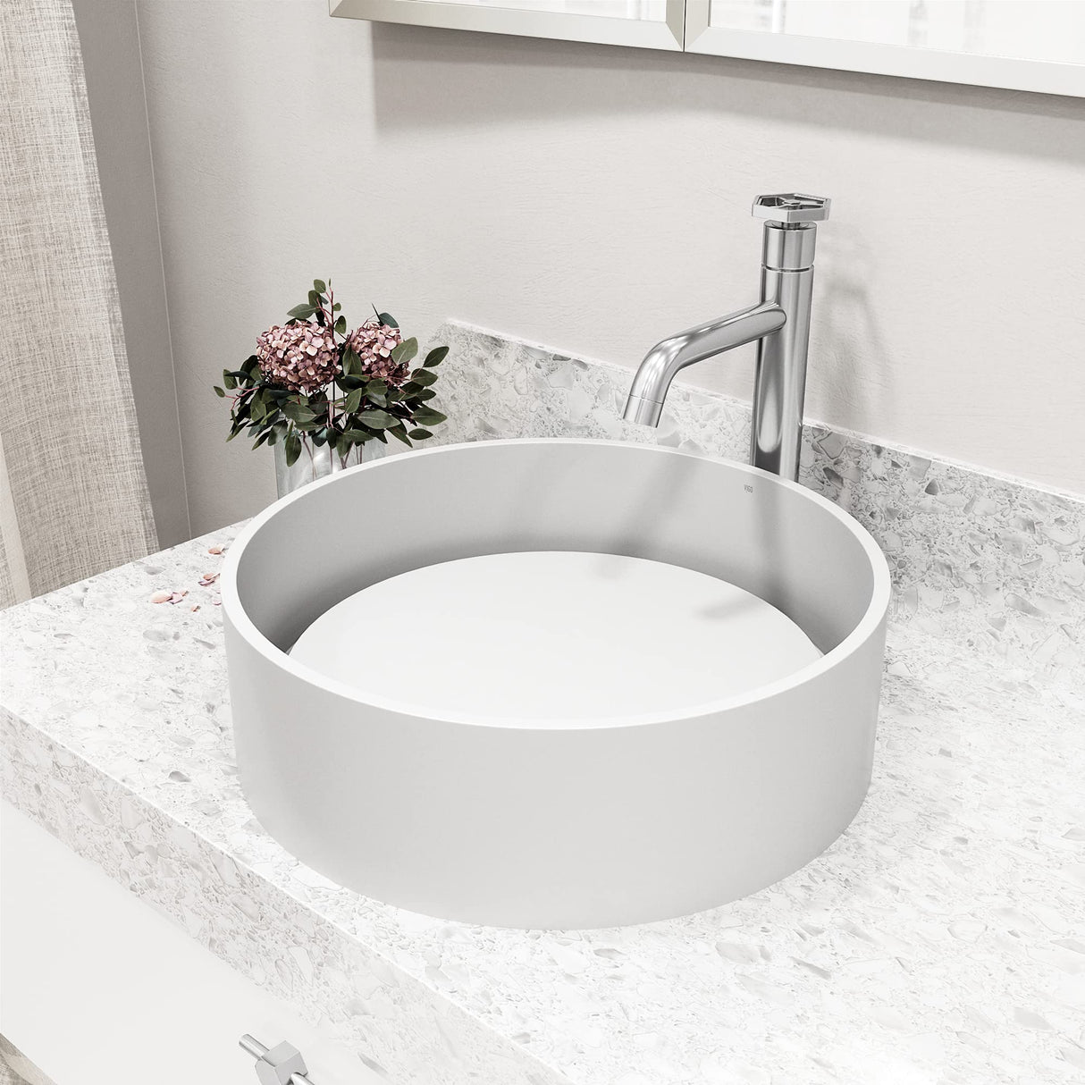 VIGO VGT2058 16.0" L -16.0" W -5.0" H Anvil Matte Stone Composite Round Vessel Bathroom Sink in White with Dior Faucet and Pop-Up Drain in Chrome