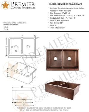 Premier Copper Products KA50B33229 33-Inch Antique Hammered Copper Kitchen Apron 50/50 Double Basin Sink…
