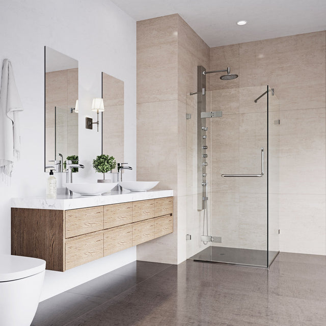 VIGO 36 in. x 48 in. x 79 in. Monteray Frameless Hinged Rectangle Shower Enclosure with Clear 0.38" Tempered Glass and Hardware in Brushed Nickel Finish with Left Handle and Base - VG6011BNCL36WR
