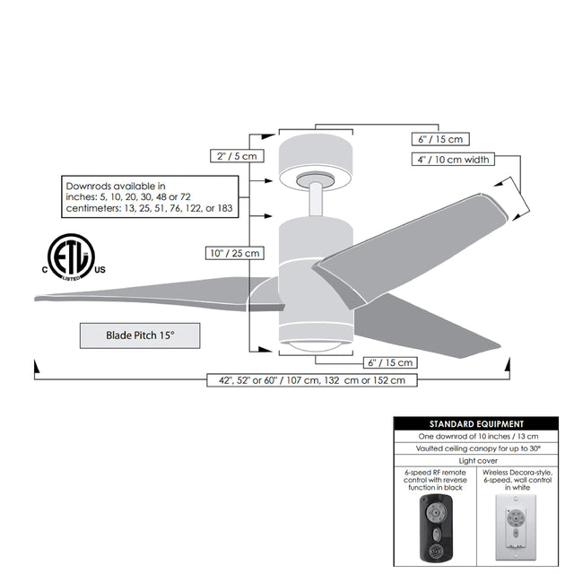 Matthews Fan SJ-BK-MWH-60 Super Janet three-blade ceiling fan in Matte Black finish with 60” solid matte white wood blades and dimmable LED light kit 
