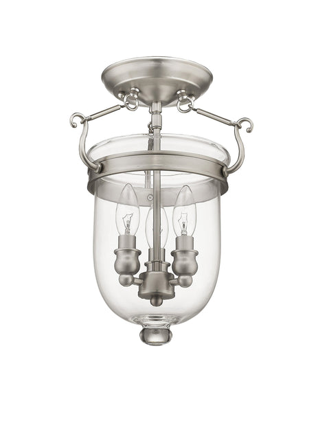 Livex Lighting 5061-91 Jefferson 3 Light Brushed Nickel Bell Jar Semi Flush with Clear Glass