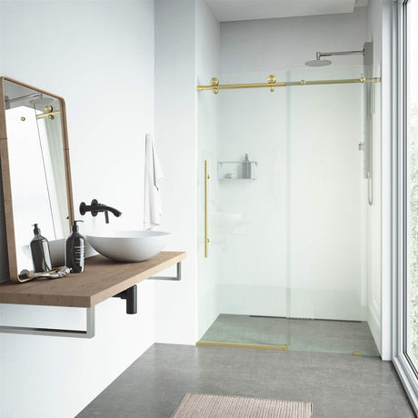 VIGO Adjustable 64-68"W x 76"H Elan E-Class Frameless Sliding Rectangle Shower Door with Clear Tempered Glass, Reversible Door Handle and Stainless Steel Hardware in Matte Brushed Gold-VG6021MGCL6876
