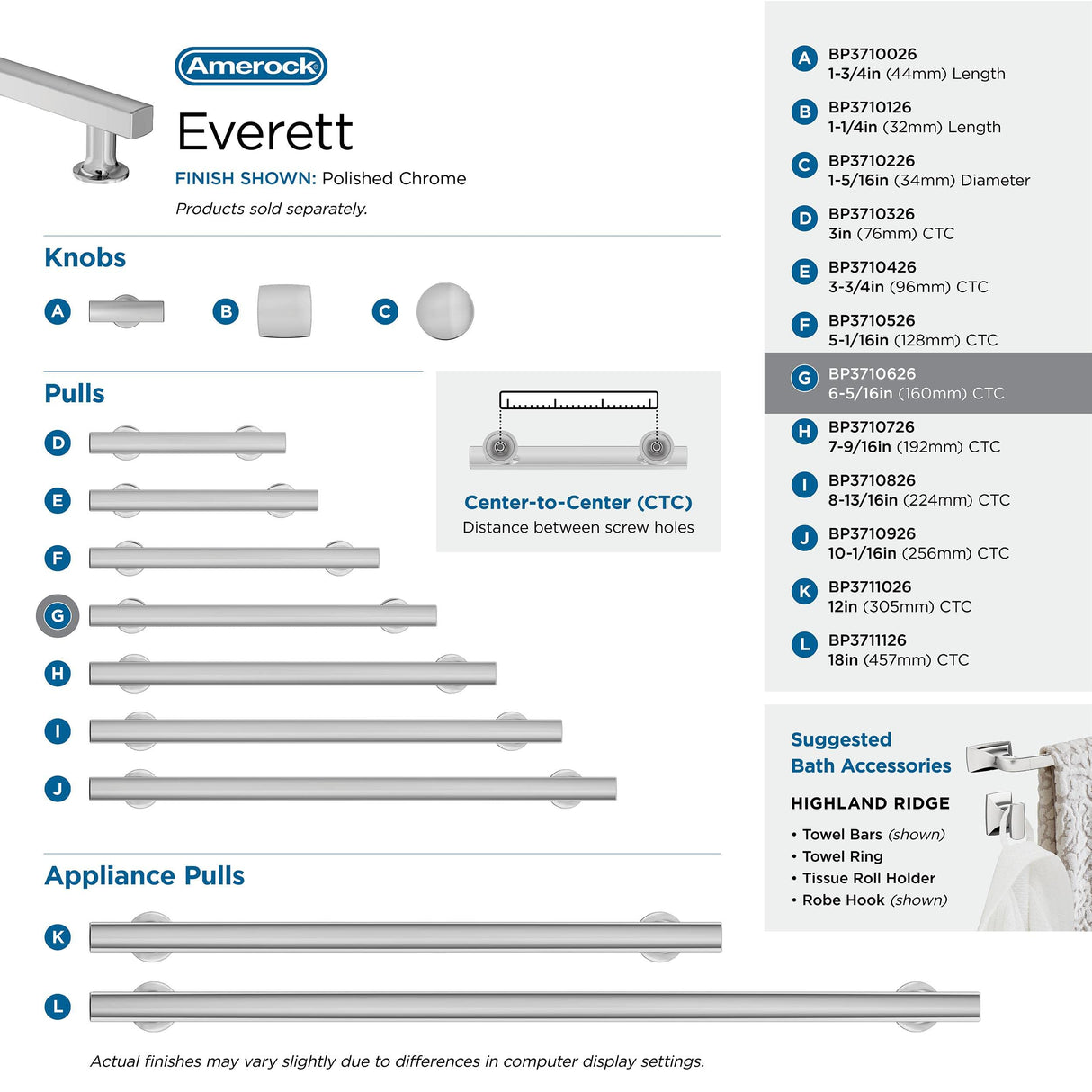 Amerock Corp BP3710626 Everett Pull, 6-5/16 in (160 mm) Center-to-Center, Polished Chrome