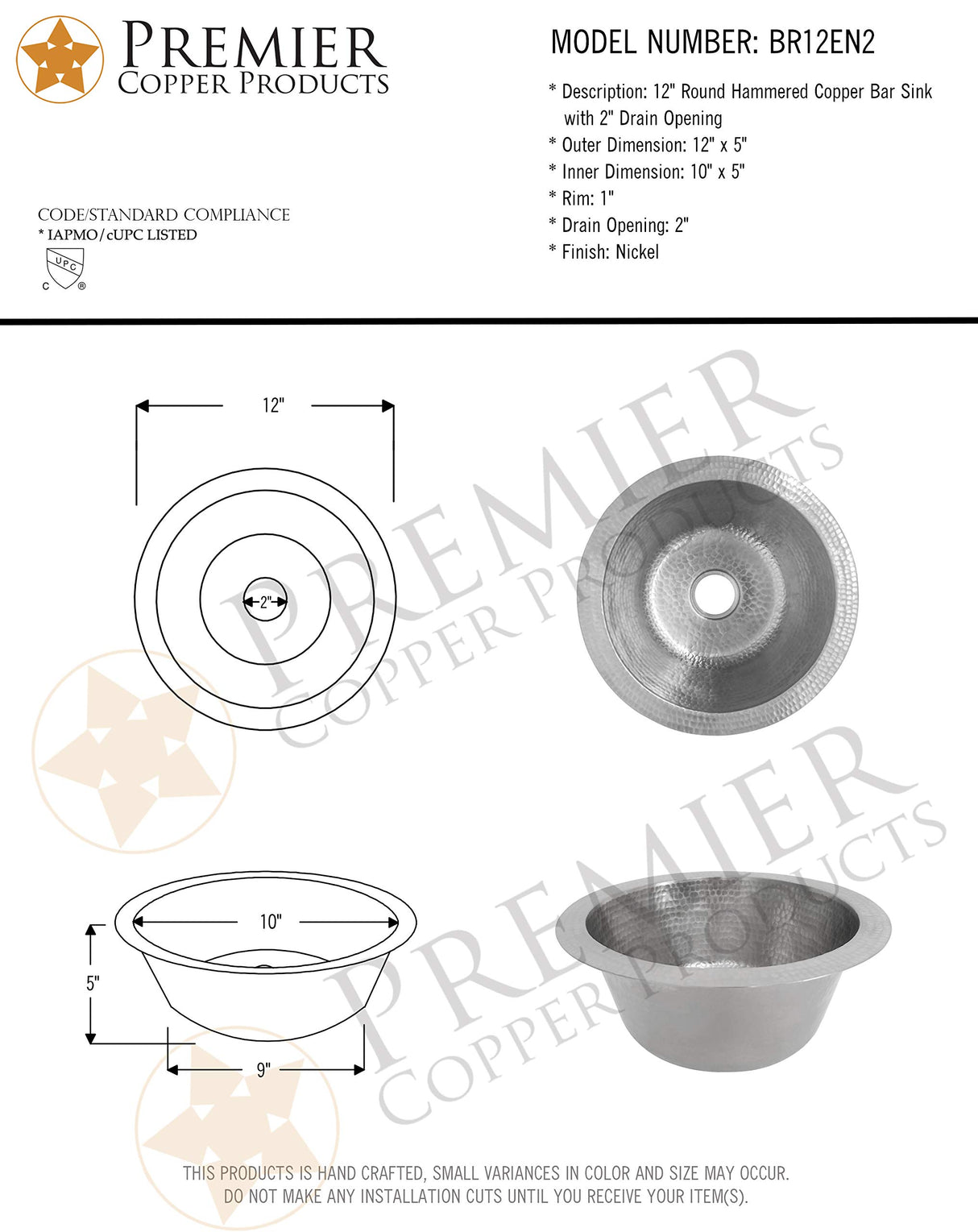 Premier Copper Products BR12EN2 12-Inch Round Hammered Copper Bar Sink w/ 2-Inch Drain Size in Nickel