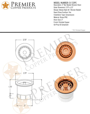 Premier Copper Products D-133PC 2-Inch Bar Basket Strainer Drain, Brushed Nickel