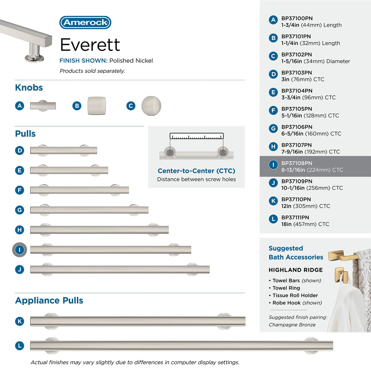 Amerock Corp BP37108PN Everett Pull, 8-13/16 in (224 mm) Center-to-Center, Polished Nickel