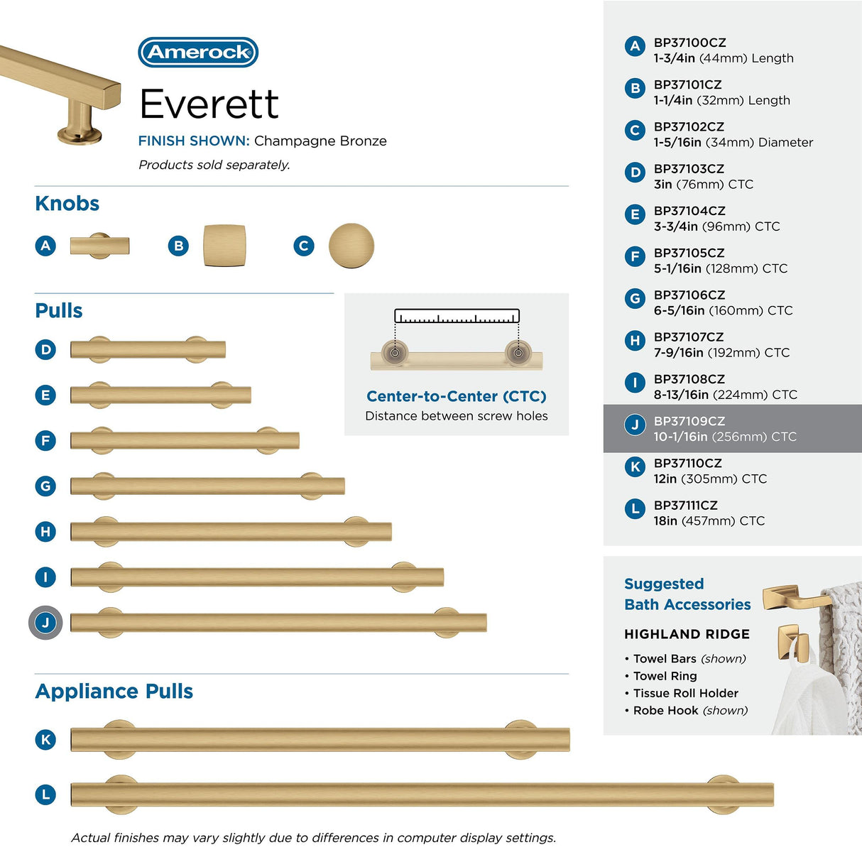 Amerock Corp BP37109CZ Everett Pull, 10-1/16 in (256 mm) Center-to-Center, Champagne Bronze