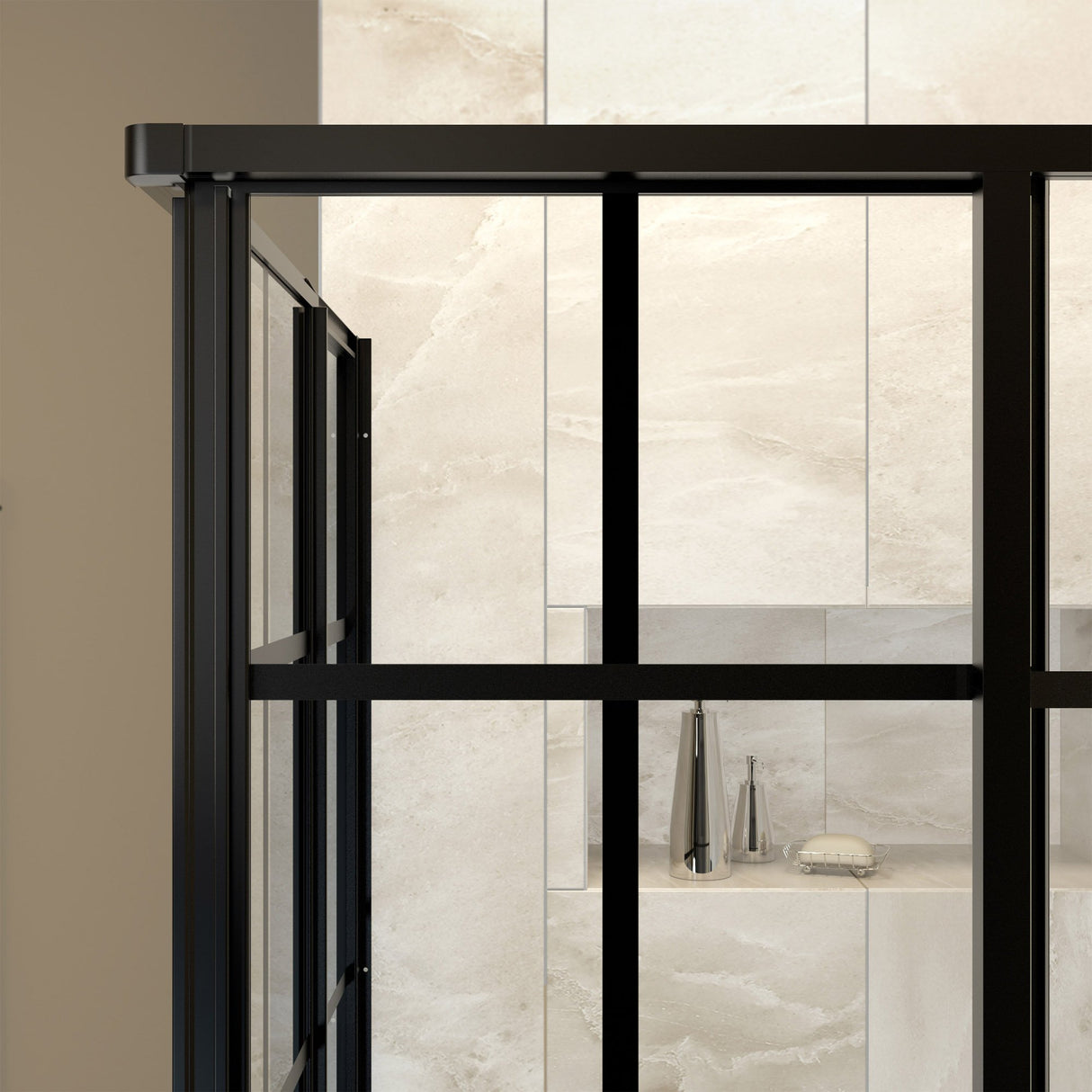 DreamLine French Corner 42 in. D x 42 in. W x 74 3/4 in. H Framed Sliding Shower Enclosure in Satin Black and Black Acrylic Base, DL-6790-09