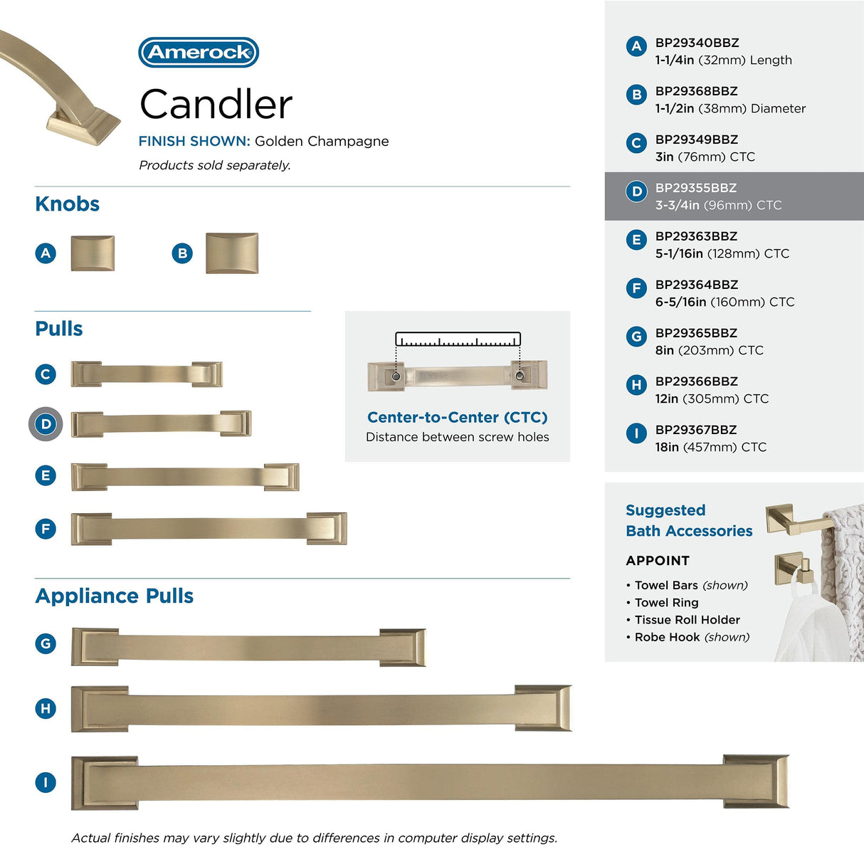 Amerock Cabinet Pull Golden Champagne 3-3/4 inch (96 mm) Center to Center Candler 1 Pack Drawer Pull Drawer Handle Cabinet Hardware