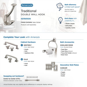 Amerock H37001G10 Vicinity Double Prong Decorative Wall Hook Satin Nickel Hook for Coats, Hats, Backpacks, Bags Hooks for Bathroom, Bedroom, Closet, Entryway, Laundry Room, Office