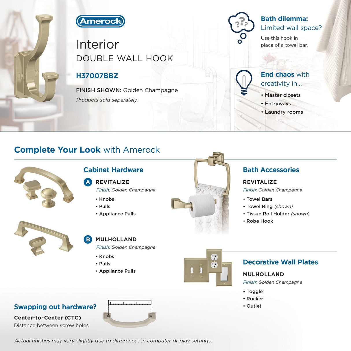 Amerock H37007BBZ Alder Double Prong Decorative Wall Hook Golden Champagne Hook for Coats, Hats, Backpacks, Bags Hooks for Bathroom, Bedroom, Closet, Entryway, Laundry Room, Office