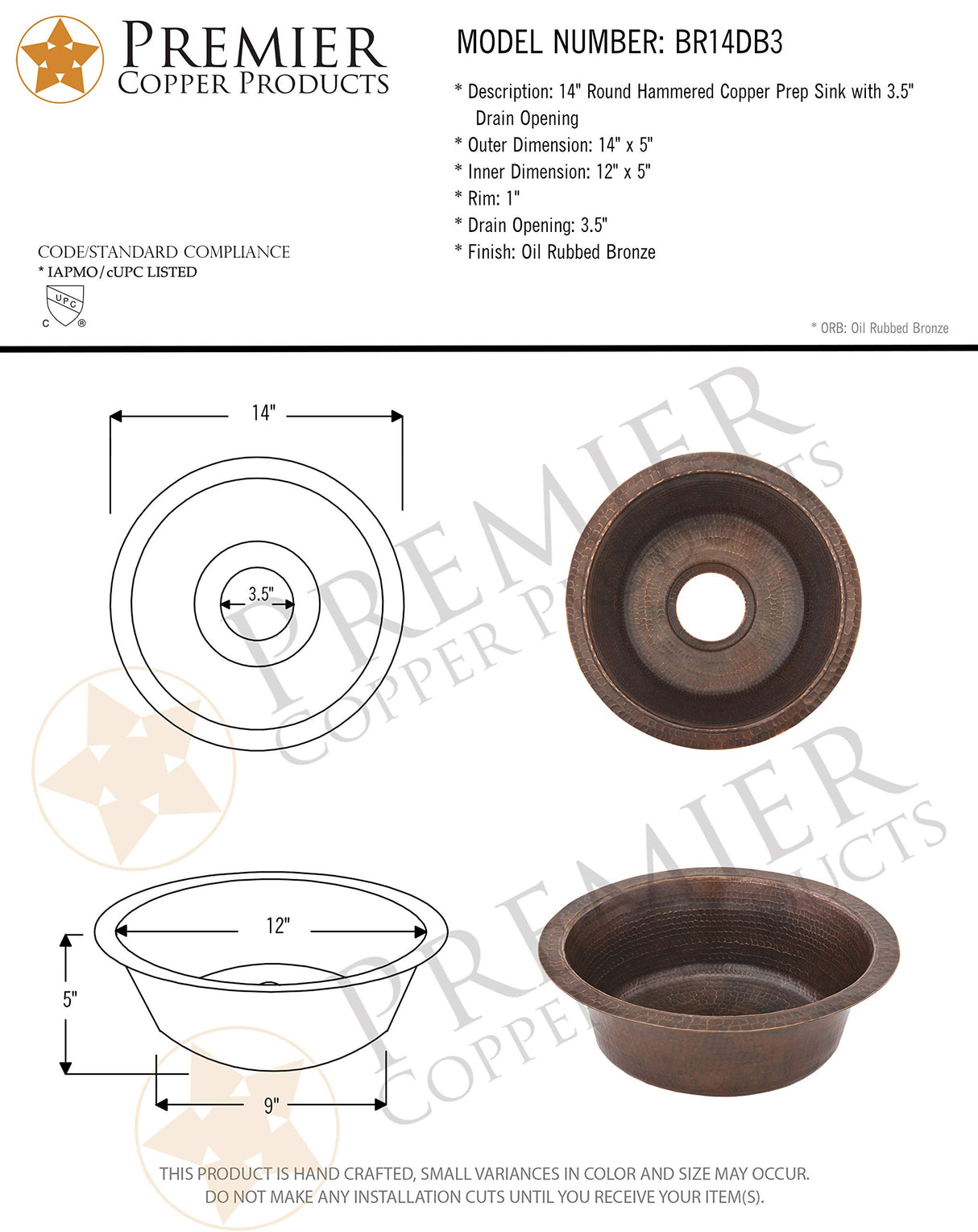 Premier Copper Products BR14DB3 14-Inch Universal Round Hammered Copper Sink with 3.5-Inch Drain Size, Oil Rubbed Bronze