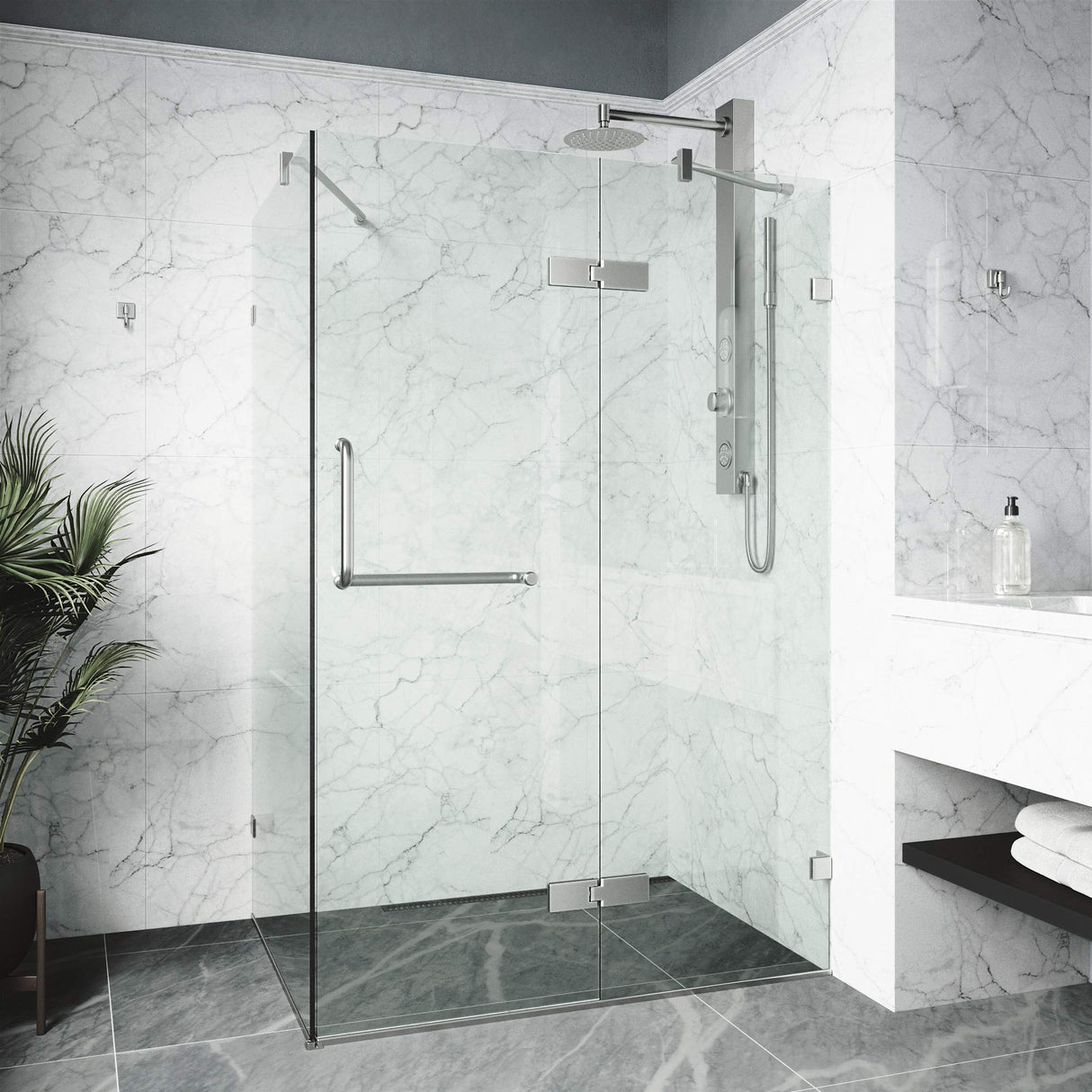 VIGO 30 in. x 46 in. x 73 in. Monteray Frameless Hinged Rectangle Shower Enclosure with Clear 0.38" Tempered Glass and Hardware in Brushed Nickel Finish with Reversible Handle - VG6011BNCL48