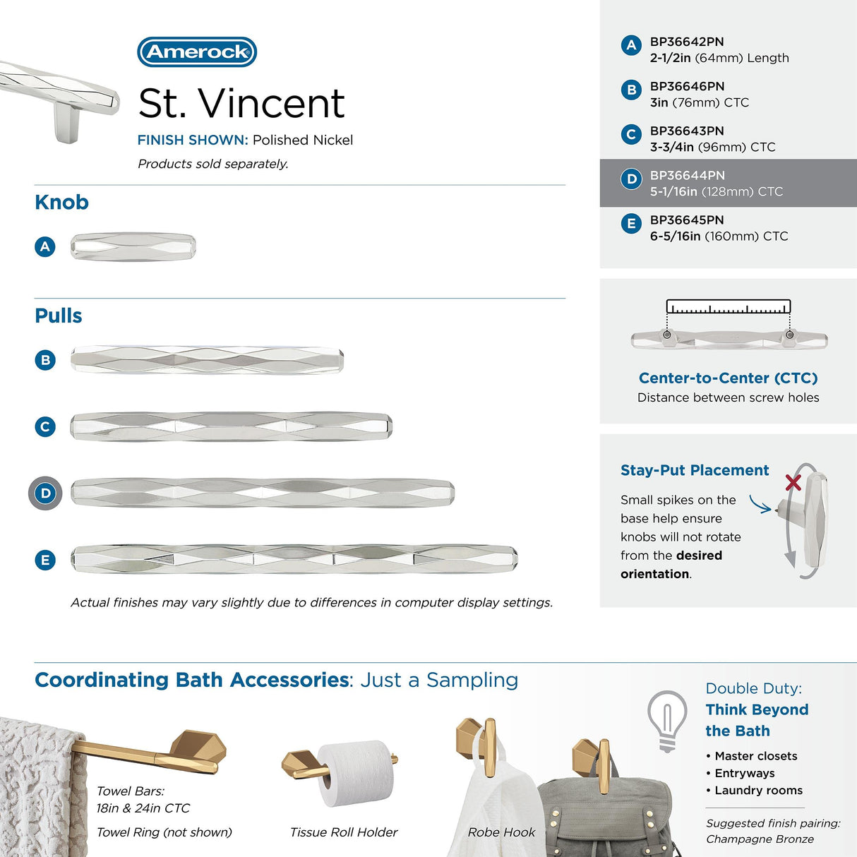 Amerock Cabinet Pull Polished Nickel 5-1/16 inch (128 mm) Center to Center St. Vincent 1 Pack Drawer Pull Drawer Handle Cabinet Hardware