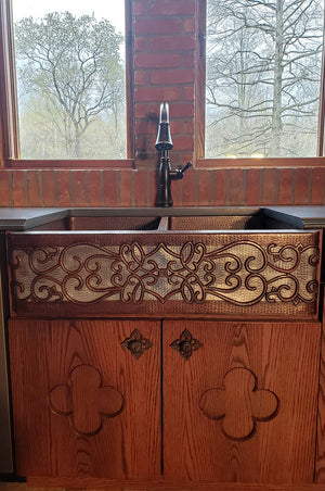 Premier Copper Products 33-inch Copper Apron Front 50/50 Double Basin Kitchen Sink w/Scroll Dsgn Nickel Bkgrnd