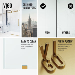 VIGO Adjustable 44-48" W x 74" H Elan Frameless Sliding Shower Door with Clear Tempered Glass, Reversible Handle in Matte Brushed Gold