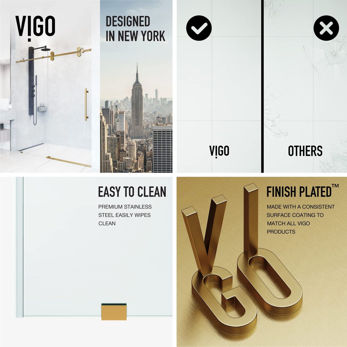 VIGO Adjustable 60-64" W x 74" H Elan Frameless Sliding Shower Door with Clear Tempered Glass, Reversible Handle in Matte Brushed Gold