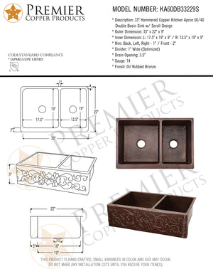 Premier Copper Products KA60DB33229S Handmade 33-Inch Hammered Copper Kitchen Double Basin Sink
