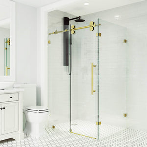 VIGO 46"W x 74"H Winslow Frameless Sliding Rectangle Shower Enclosure with Clear Tempered Glass, Reversible Door Handle and Stainless Steel Hardware in Matte Brushed Gold-VG6051MGCL48