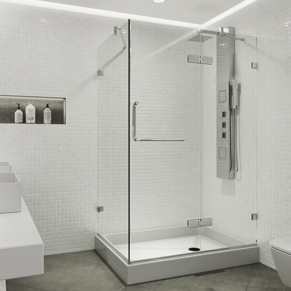 VIGO 32 in. x 40 in. x 79 in. Monteray Frameless Hinged Rectangle Shower Enclosure with Clear 0.38" Tempered Glass and Hardware in Chrome Finish with Left Handle and Base - VG6011CHCL40WR