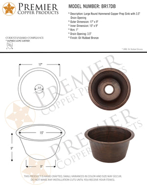 Premier Copper Products BR17DB 17-Inch Round Hammered Copper Prep Bar Sink