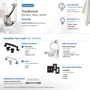 Amerock H3700126 Vicinity Double Prong Decorative Wall Hook Polished Chrome Hook for Coats, Hats, Backpacks, Bags Hooks for Bathroom, Bedroom, Closet, Entryway, Laundry Room, Office