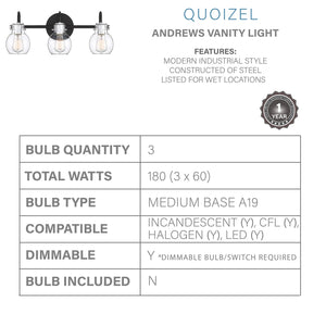 Quoizel ANW83003EK Andrews Vanity Bath Lighting, 3-Light, 300 Watts, Earth Black (9"H x 22"W)
