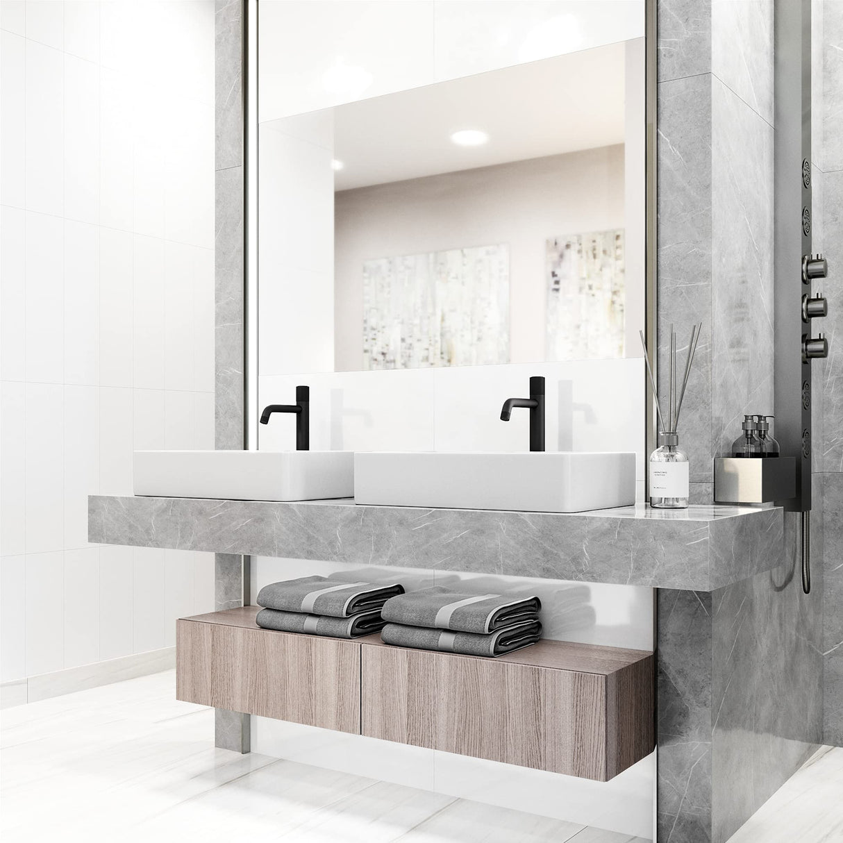 VIGO VGT2049 13.88" L -21.25" W -4.75" H Matte Stone Magnolia Composite Rectangular Vessel Bathroom Sink in White with Faucet and Pop-Up Drain in Matte Black