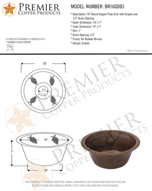 Premier Copper Products BR16GDB3 16-Inch Universal Round Hammered Copper with Grapes Sink and 3.5-Inch Drain Size, Oil Rubbed Bronze
