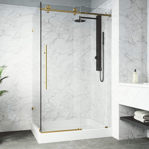 VIGO 48"W x 82"H Elan E-Class Frameless Sliding Rectangle Shower Enclosure with Clear Tempered Glass, Left Door Handle and Stainless Steel Hardware in Matte Brushed Gold and Right Base -VG6053MGCL48WR