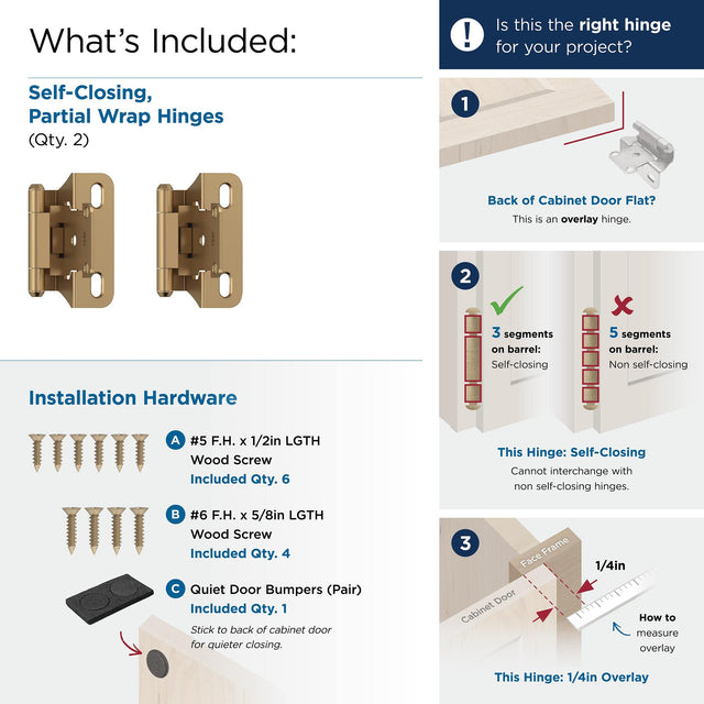 Amerock BPR7566CZ Cabinet Hinge 1/4 in (6 mm) Overlay Self Closing Partial Wrap Champagne Bronze Kitchen Cabinet Door Hinge 1 Pair/2 Pack Functional Hardware