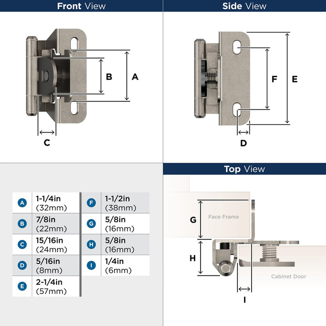 Amerock BPR871514 Kitchen Cabinet Hinge 1/4 in (6 mm) Overlay Single Demountable Partial Wrap Nickel Kitchen Cabinet Door Hinge 1 Pair/2 Pack Functional Hardware