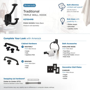 Amerock H37004MB Vicinity Triple Prong Decorative Wall Hook Matte Black Hook for Coats, Hats, Backpacks, Bags Hooks for Bathroom, Bedroom, Closet, Entryway, Laundry Room, Office