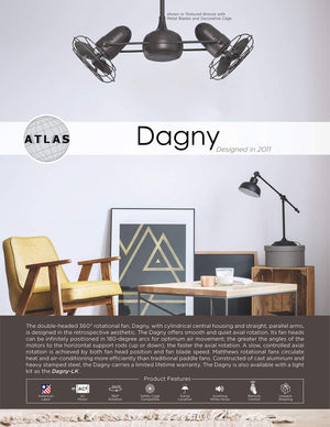 Matthews Fan DG-TB-WDBK Dagny 360° double-headed rotational ceiling fan in Textured Bronze finish with solid matte black wood blades.