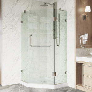 VIGO VG6062BNCL36WS 36.13" -36.13"W -76.75"H Frameless Hinged Neo-angle Shower Enclosure with Clear 0.38" Tempered Glass Stainless Steel Hardware in Brushed Nickel Finish, Reversible Handle and Base