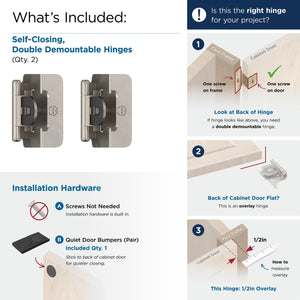 Amerock Double Demountable Cabinet Hinge 1/2 inch (13 mm) Overlay Hinge Satin Nickel 2 Pack Self-Closing Hinge Cabinet Door Hinge
