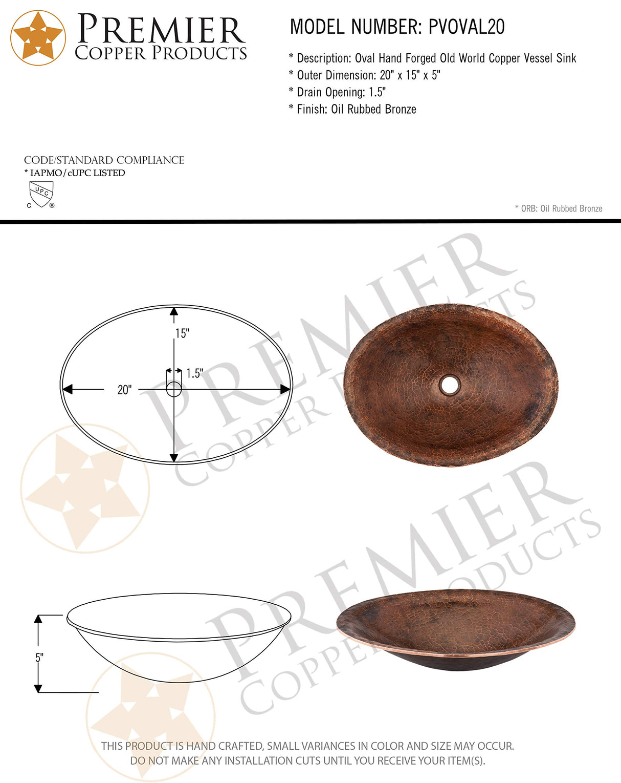 Premier Copper Products PVOVAL20 20-Inch Oval Hand Forged Old World Copper Vessel Sink, Oil Rubbed Bronze