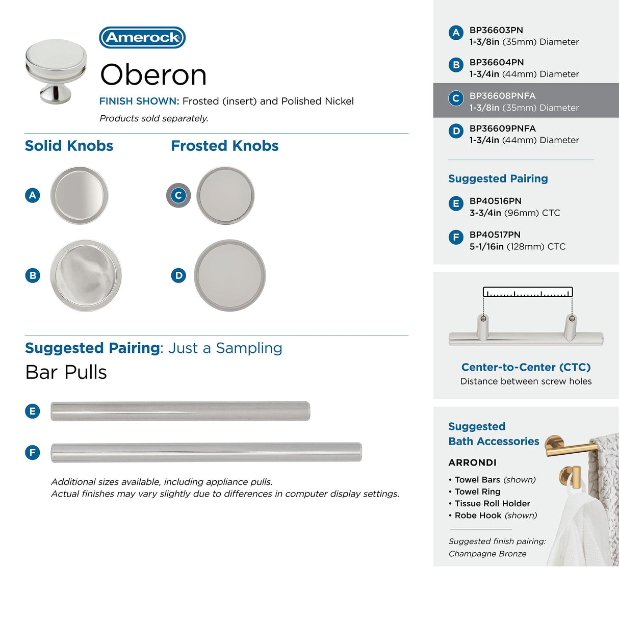 Amerock Cabinet Knob Polished Nickel/Frosted 1-3/8 inch (35 mm) Diameter Oberon 1 Pack Drawer Knob Cabinet Hardware
