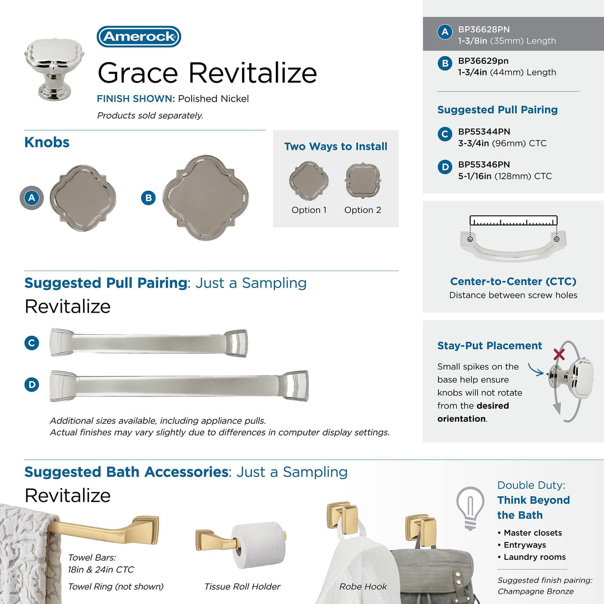 Amerock Cabinet Knob Polished Nickel 1-3/8 inch (35 mm) Diameter Grace Revitalize 1 Pack Drawer Knob Cabinet Hardware