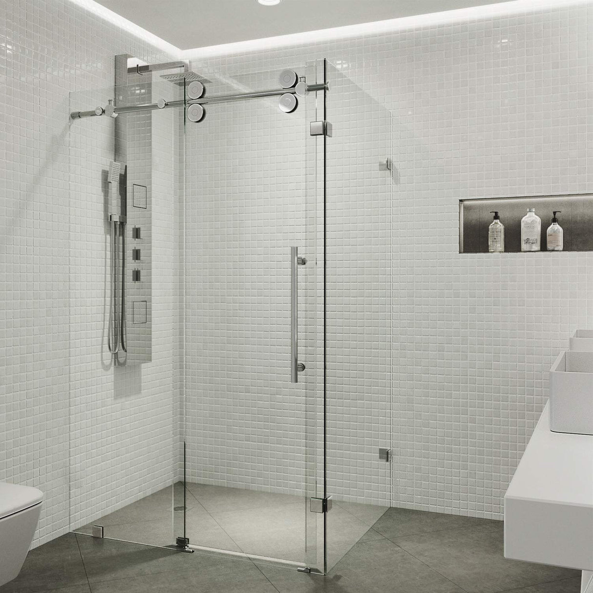 VIGO VG6051CHCL48 34.63" -46.5" W -74.0" H Frameless Sliding Rectangle Shower Enclosure with Clear 0.38" Tempered Glass and Stainless Steel Hardware in Chrome Finish with Reversible Handle